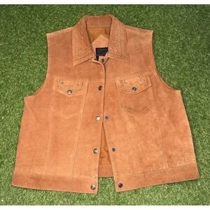 Vintage Asan PL Suede Leather Western Vest Boho‎ Embroidered Tan Petite Large
